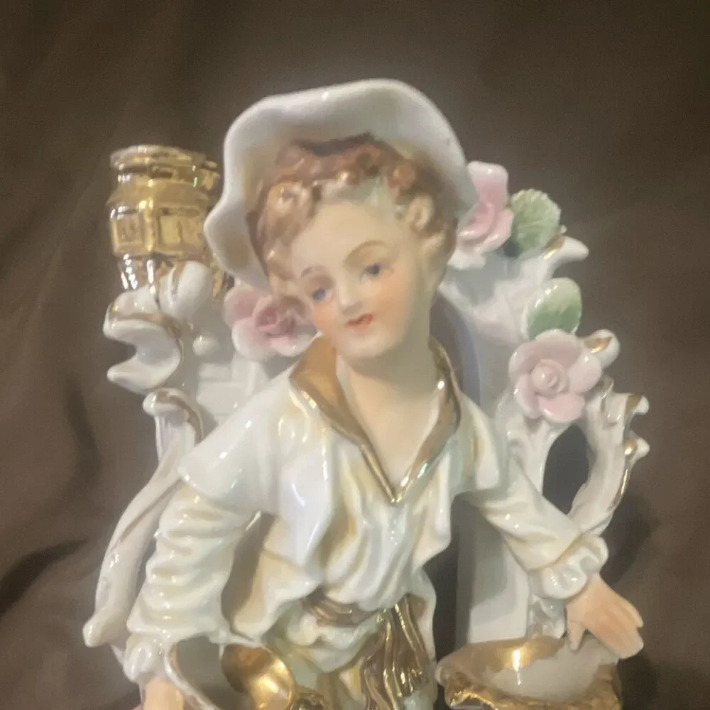 Vintage Porcelain Figurine Candle Holder Glossy White Gold Pink Floral